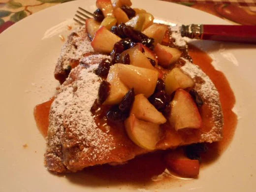 Rustic Snappy Apple Encrusted French Toast With Caramel Apple Raisin Sauce